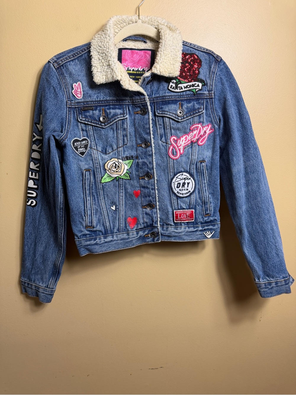 Superdry SD Girlfriend Sherpa Patch trucker Denim Jean Jacket - Small